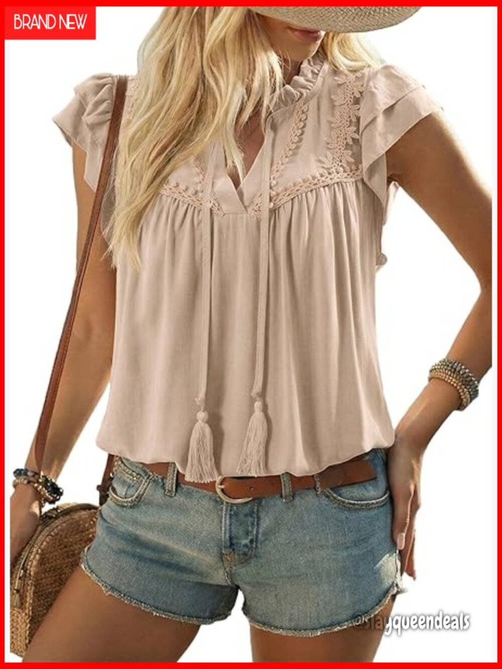 Viscose Blouse with Lace Embroidery, Pleated Design, V-Neck, Cap Sleeves